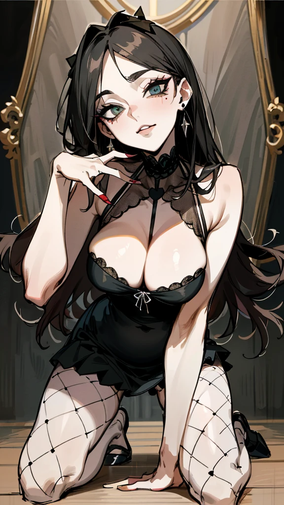 （best quality，masterpiece：1.2，detailed details，4k），((masterpiece)), ((best quality)), (ultra-detailed), anime style,large breast, slim, slender, ashamed, all fours ，Kneeling,Girl with modern gothic makeup, fair skin, long legs, black eyeshadow, camisole, plump figure, earrings and lip studs, fishnet stockings, posing in an attractive pose, lovable expression