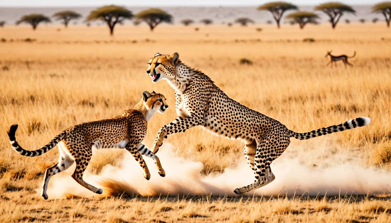 score_9, score_8_up, score_7_up, source_photo, photography, realistic, detailed, rating safe, wide shot, A Cheetah is attacking gazelle,