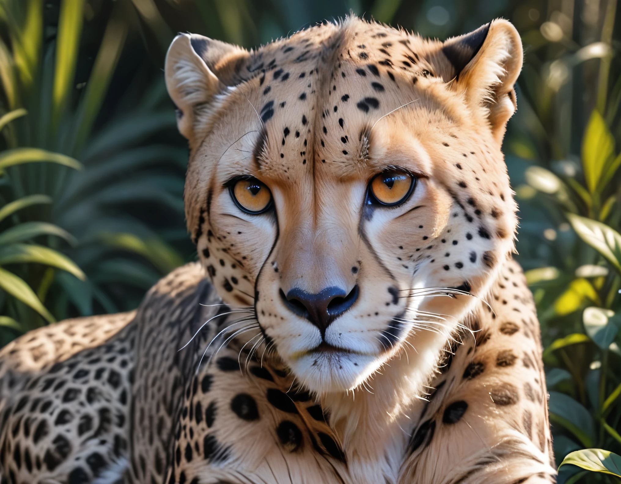 a cheetah lurking in the dense jungle, beautiful detailed eyes, beautiful detailed face, extremely detailed fur and skin, high quality, realistic, photorealistic, hyper detailed, 8k, masterpiece, vibrant colors, dramatic lighting, cinematic composition