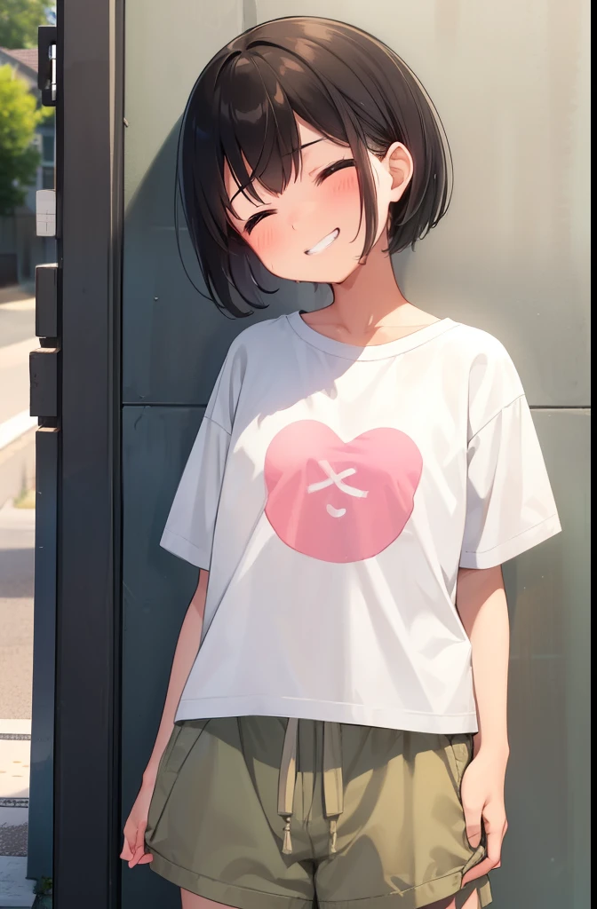 Residential Street,girl,smile,Standing,Put your hands behind your back,close your eyes,1 ,boyish.Two-block shorthair,Black Hair,blush,White T-shirt,Olive green shorts,Brown Sandals,White skin,summer,From below,Open your hands,shy,Sweat,Grin,peace sign