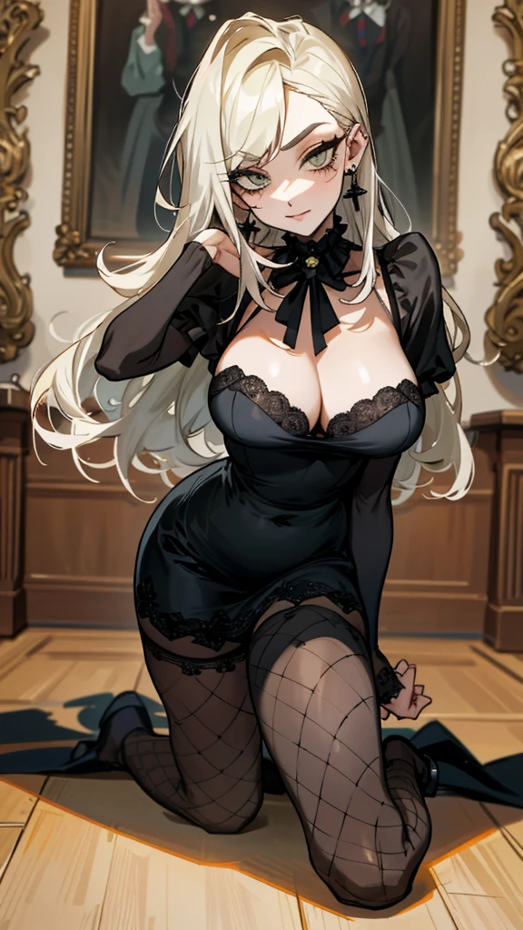 （best quality，masterpiece：1.2，detailed details，4k），((masterpiece)), ((best quality)), (ultra-detailed), anime style,large breast, slim, slender, ashamed, all fours ，Kneeling,Girl with modern gothic makeup, fair skin, long legs, black eyeshadow, camisole, plump figure, earrings and lip studs, fishnet stockings, posing in an attractive pose, lovable expression