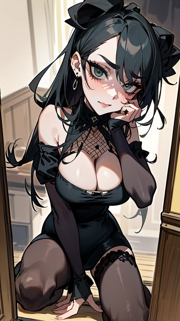 (best quality,masterpiece:1.2,detailed details,4k),((masterpiece)), ((best quality)), (ultra-detailed), anime style,large breast, slim, slender, ashamed, all fours ,Kneeling,Girl with modern gothic makeup, fair skin, long legs, black eyeshadow, camisole, plump figure, earrings and lip studs, fishnet stockings, posing in an attractive pose, lovable expression