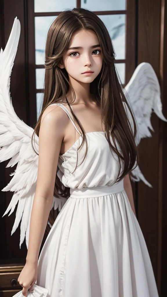 16 year old girl, was standing crying, slightly long brownish hair, wearing a white dress, and had white wings but only half, the wings were burnt.