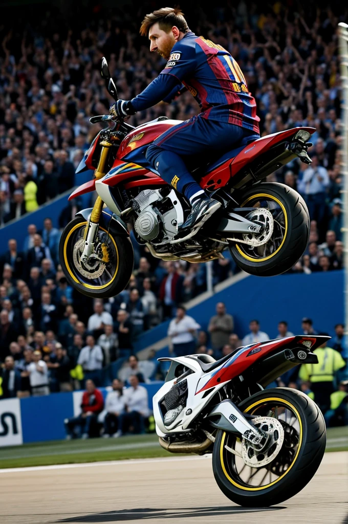 Messi doing a wheelie on a motorcycle