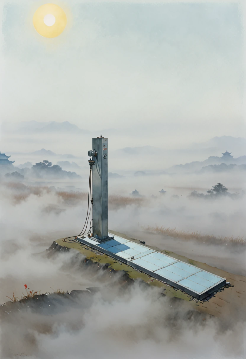 There is a piece of metal on the ground，Background is sky, flat metal antenna, product photo, perspective, Sunlight，Bronze heliostat，author：Randolph Caldecott, (Watercolor, masterpiece, Line Art, Illustration Art, Professional line art, Super complex and detailed, Chinese painting，8K:1.3)， projection，Void Background，Heavy fog
