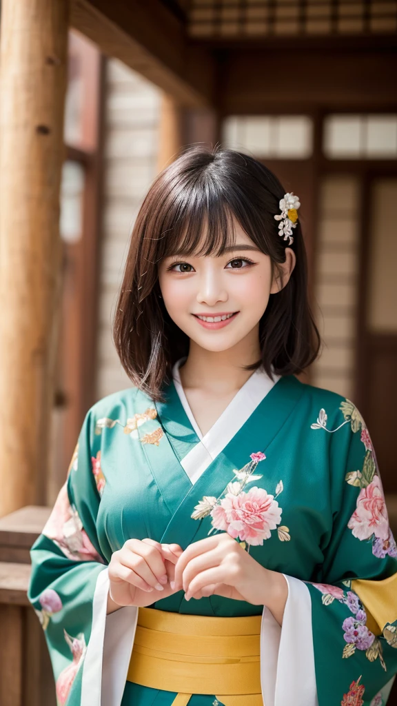 It depicts a young woman wearing a vibrant, traditional and colorful Japanese kimono.。She has short black hair in a bob、She wears intricate hair ornaments, including floral ornaments and decorative pins.。Kimono、red、green、yellow、In vibrant colours such as green、A gorgeous design with floral and geometric patterns.。She smiled gently、Her expressive, bright eyes reflect her cheerful personality.。her pose is relaxed、Raise one hand slightly、The other hand is placed gently on the chest、It highlights the delicate sleeves of the kimono.。The background is solid white、It highlights the character and her traditional outfit.。The lighting is soft and uniform、It highlights the rich texture and detail of the kimonos and accessories.。