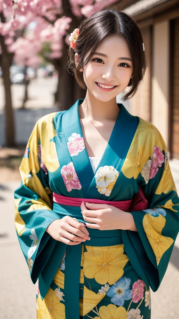 It depicts a young woman wearing a vibrant, traditional and colorful Japanese kimono.。She has short black hair in a bob、She wears intricate hair ornaments, including floral ornaments and decorative pins.。Kimono、red、green、yellow、In vibrant colours such as green、A gorgeous design with floral and geometric patterns.。She smiled gently、Her expressive, bright eyes reflect her cheerful personality.。her pose is relaxed、Raise one hand slightly、The other hand is placed gently on the chest、It highlights the delicate sleeves of the kimono.。The background is solid white、It highlights the character and her traditional outfit.。The lighting is soft and uniform、It highlights the rich texture and detail of the kimonos and accessories.。