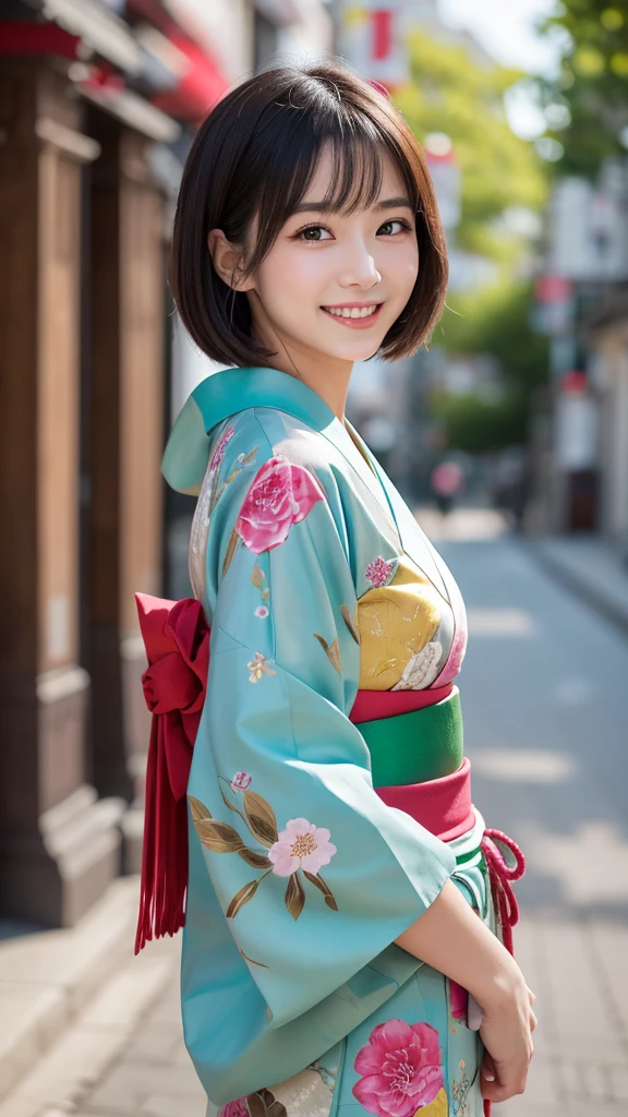 masterpiece, Highest quality,16K, Ultra-high resolution,The light and shadow of reality,Cinema Lenses,((Her waist is so slim and beautiful)),((High nose、Small Mouth)),((Clean and slim face line)),((Big dark eyes with long eyelashes)),((Very small face))((Very slim and beautiful arms)),((She is very thin and has a great figure)),((Pure white beautiful skin)),((Cute Japanese Girls)),(((Wearing a bright pink kimono、yukata))),((Walking the streets of Tokyo)),(Beautiful Eyes:1.1),Reflecting clear eyes and a gentle smile,