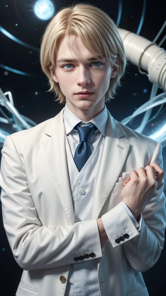 Astrophysicist utopian and perfect character on a white background. This character must have straight hair, be white, blue eyes and be wearing a suit and must be a man and have a little short hair.
In different "poses" using hands to express lines, confused feeling, joy and anger
