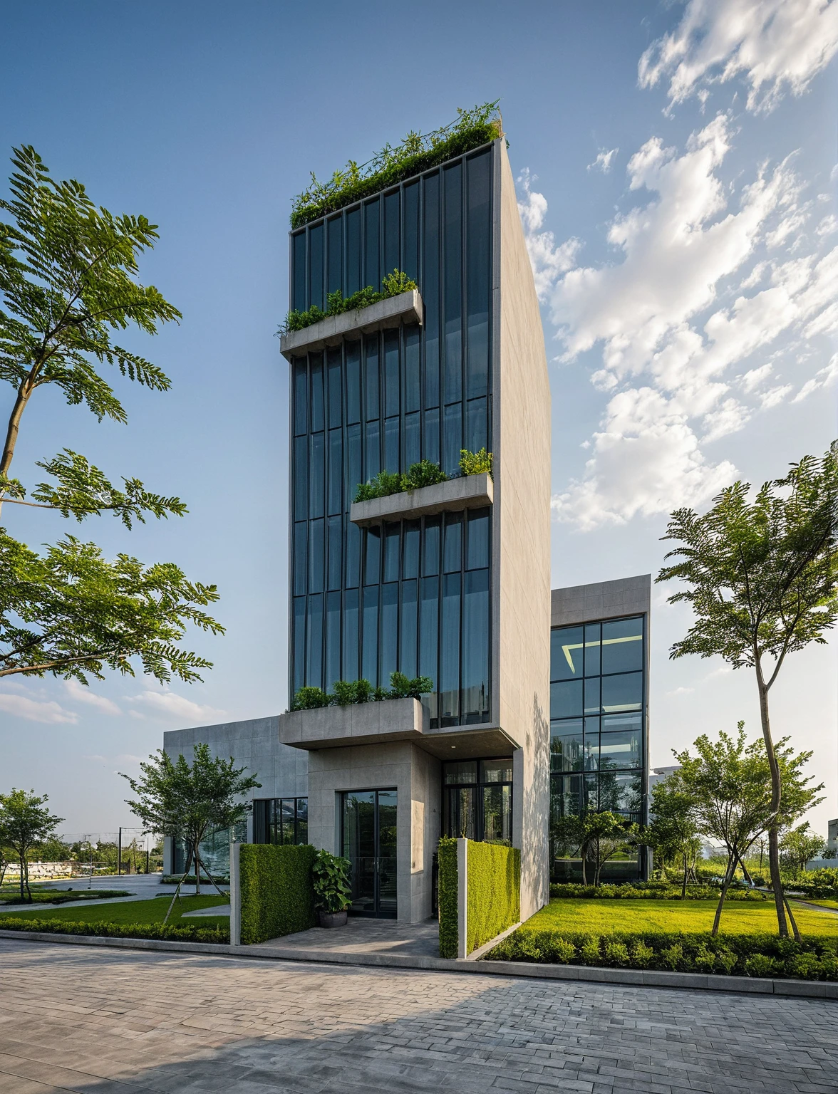 Masterpiece, high quality, best quality, authentic, super detail, outdoors, onestoreyvillaXL, aiaigroup, The office building stands tall with its sleek, modern design, characterized by extensive glass facades that reflect the sky and surrounding cityscape. Large, floor-to-ceiling windows are fitted with stylish sun-shading louvers, ensuring a comfortable and energy-efficient environment inside. The front of the building is adorned with lush greenery, featuring a variety of plants and trees that add a touch of nature to the urban setting. People are walking briskly in front of the building, some engaged in conversation, while others are focused on their destinations. The atmosphere is bustling yet orderly, encapsulating the dynamic and productive spirit of the area. ,road,pavement, grass, trees, sky, cloud, (daylight:1.1)