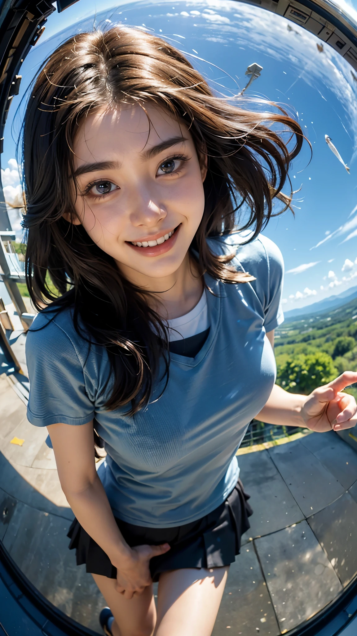 Highest quality, masterpiece, Ultra-high resolution,8K, (Realistic:1.6), (Facing portraits) RAW Photos, 1 Girl,(Full of smiles, Showing teeth)), 22 years old,((Korean Idol Karina Fashion)),((Miniskirt uniform and undershorts)),((Straight black hair long hair)),((Black hair fluttering in the wind)),((Looking up at the audience)),Face Focus:1.4,((Photographed from above with a fisheye lens:1.4)),((Background of airplane trails shining against the blue sky)), Image Media Chest)),((Smiling with teeth showing)),