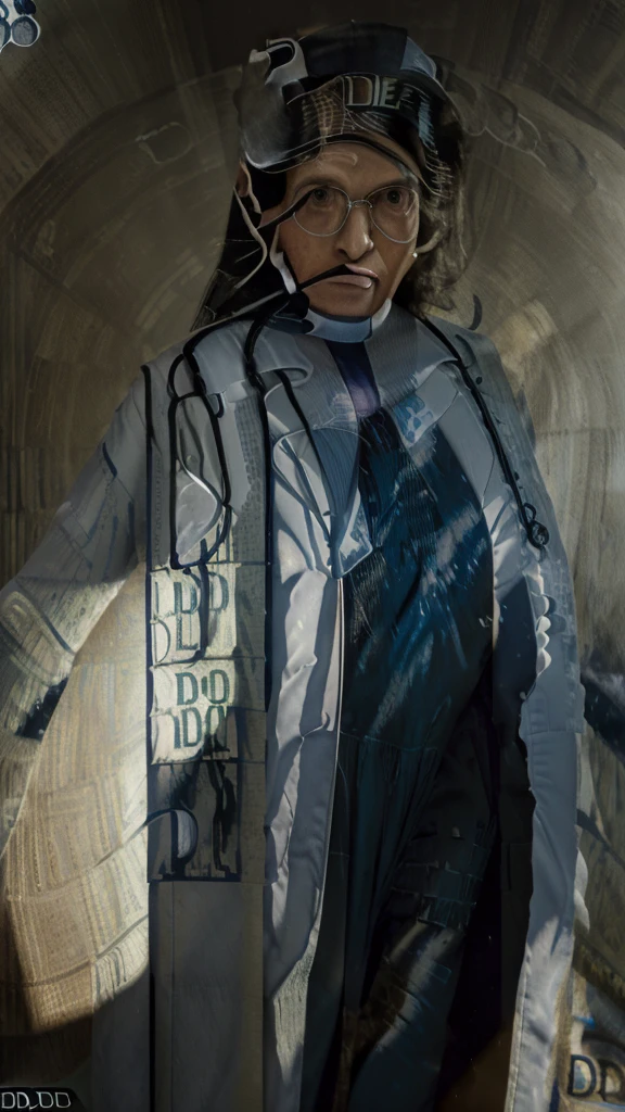 Portrait of a female hyperrealist by David Hockney and Alphonse Mucha, photorealistic, dynamic lighting, art station, poster, volumetric lighting, highly detailed face, 4k, award-winning, 1woman, darkness, deep shadows, low key, portrait, (((((Doctor: 1.4)))), shorthair, black hair, glasses