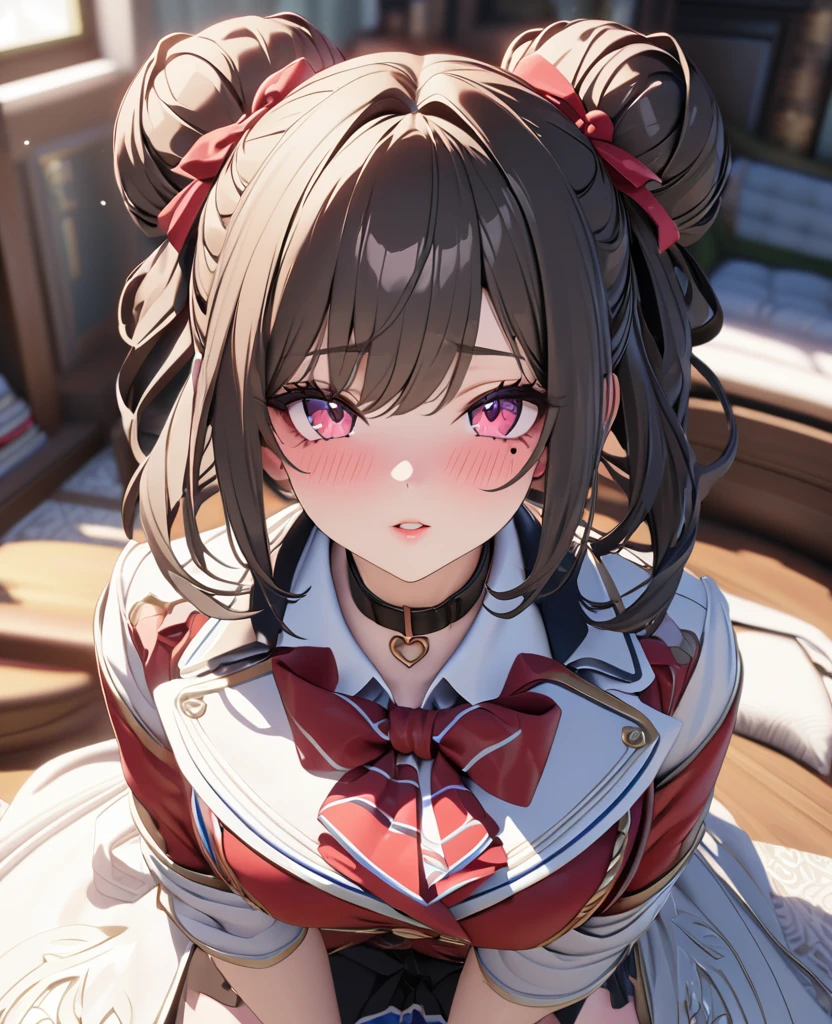 masterpiece, best quality, highly detailed, high resolution, expensive resolution, high resolution, 4K, 8k, uniform 8k wallpaper, highly detailed CG, masterpiece, 2D, 3D, beautiful details, depth, fine texture, best quality: 1.3, perfectly focused, crispy. skin, him, very cute anime girl, Her name is Mei, idol, Dark brown double hair buns wearing expensive, mole under eye, looking at the viewer, cowboy short, expensive, blush, mole, plump lips, heart, pink eyes, heart shaped choker, smile