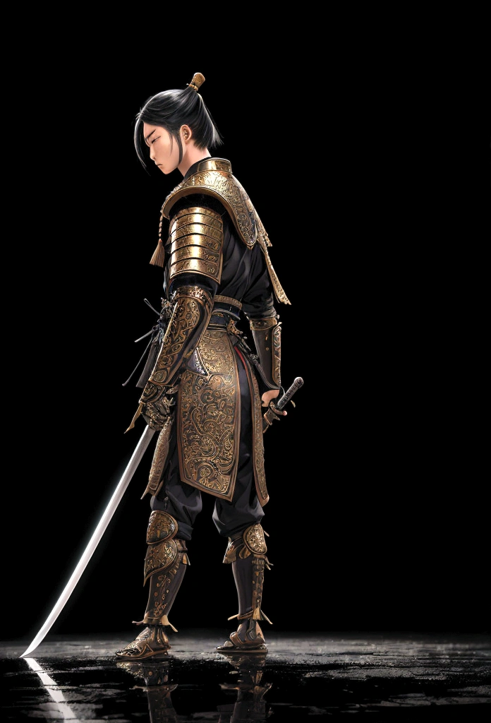hyper realist, extremely detaild, intricate details, digital art of a Japanese warrior standing sideways, looking sad at the floor ,with light black clothes and holding only a sword in each hand pointed downwards on a sad rainy day. fancy