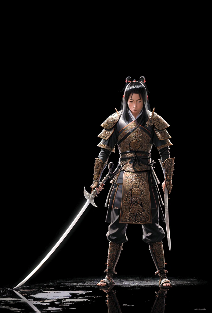 hyper realist, extremely detaild, intricate details, digital art of a Japanese warrior standing sideways, looking sad at the floor ,with light black clothes and holding only a sword in each hand pointed downwards on a sad rainy day. fancy