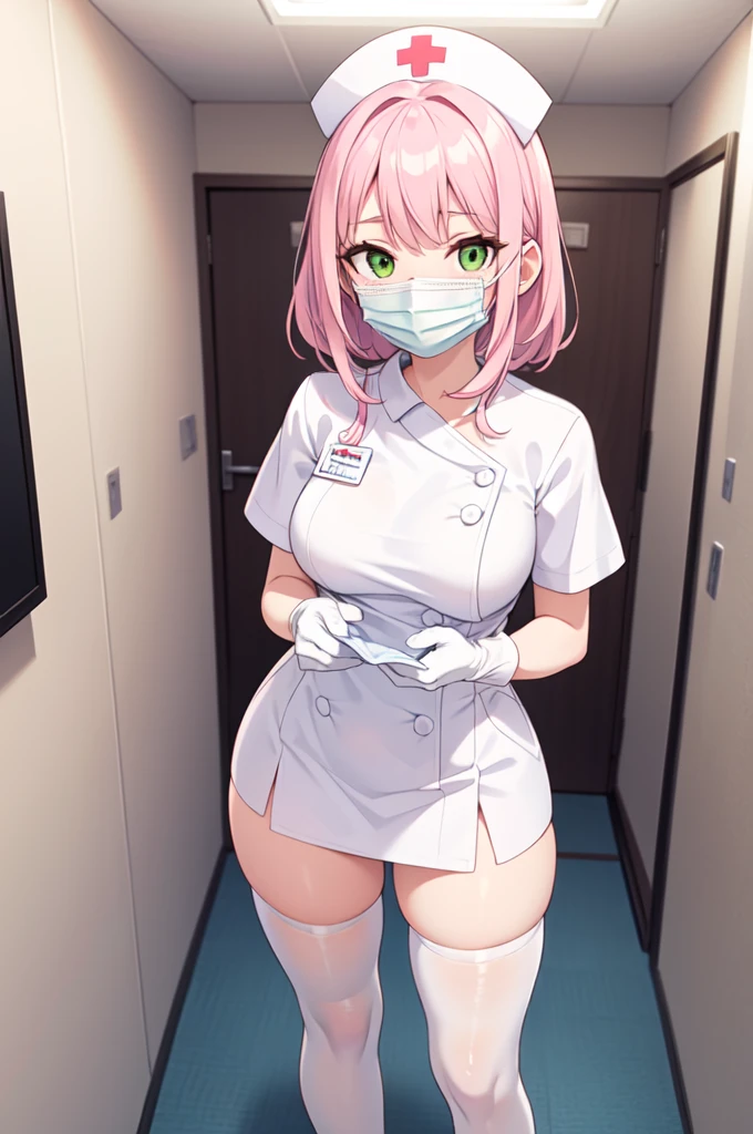 1woman, solo, nurse, white nurse cap, white nurse uniform, ((white legwear, zettai ryouiki)), white gloves, pink hair, green eyes, drooping eyes, ((white surgical mask, covered nose)), standing, ((hospital room)), sharp outline, short sleeves, mature female, 32 years old, best quality, masterpiece