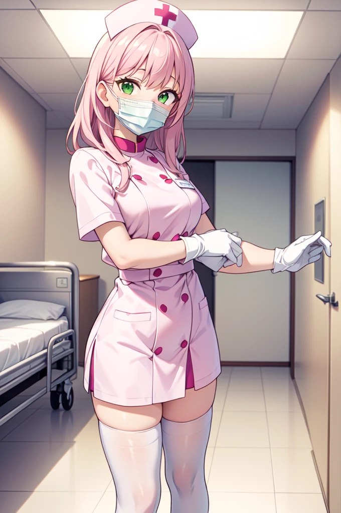 1woman, solo, nurse, white nurse cap, white nurse uniform, ((white legwear, zettai ryouiki)), white gloves, pink hair, green eyes, drooping eyes, ((white surgical mask, covered nose)), standing, ((hospital room)), sharp outline, short sleeves, mature female, 32 years old, best quality, masterpiece