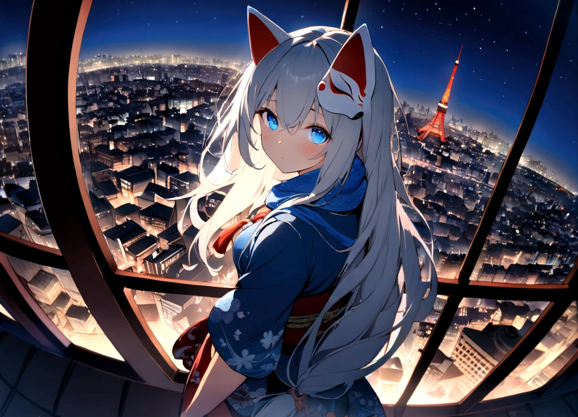 Climb Tokyo Tower and look down on the cityscape、View from Tokyo Tower(masterpiece, best quality:1.2), 1girl, 独奏,Wolf girl, fox mask, ninja, girl, long white hair, odd eyes, blue kimono, ninja girl, red and blue scarf,Dancing Cherry Blossoms,Full moon backlighting, light coming in, fantastic atmosphere.night、Shadows of light and darkness、Eyes glowing in the dark、Black fox mask、Fisheye Lens、Expansive starry sky、long hair that spreads、Looking up from afar、Overlooking the city from atop a large cherry tree、View from Tokyo Tower