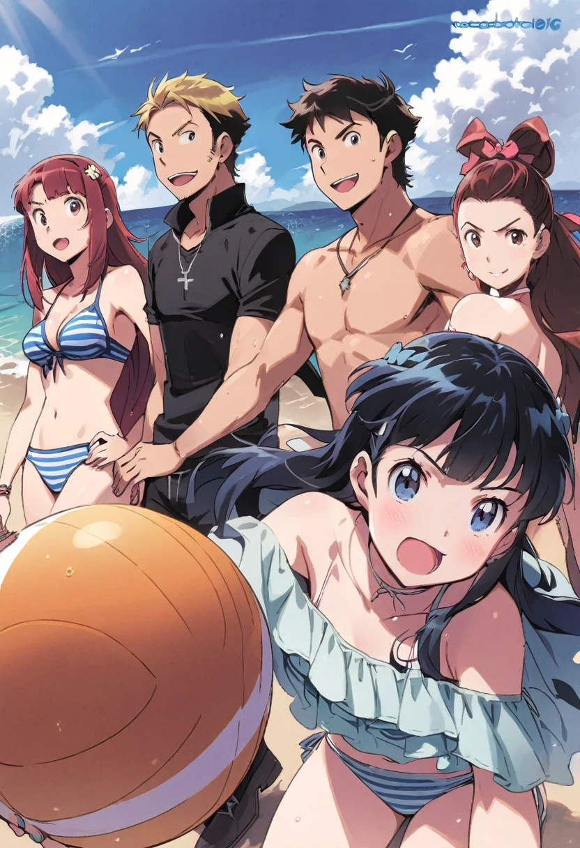 sleeve cape, boys and girls, manga style, beachfront, bikinis, having fun at sea, voleyball na beachfront
