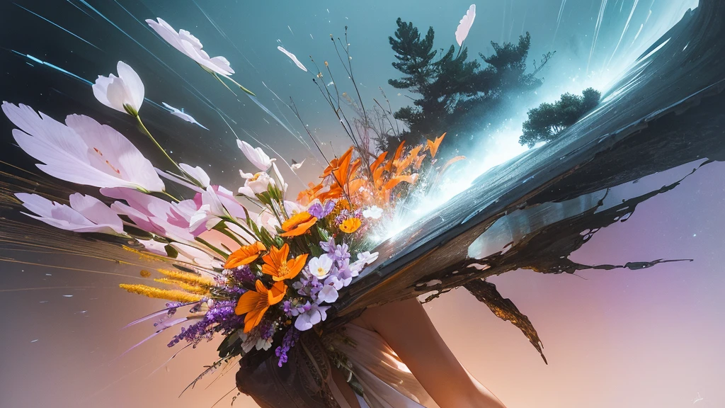32k, Masterpiece, Highest quality, One girl, Detailed eyes, flower,Alstroemeria, White and orange style,A dreamy, romantic piece,Pale purple, Mysterious Leaves,A playful arrangement,Fantasy,High Contrast,Ink strokes,explosion,Exposure, Impression of white and orange tones,Abstract,((Watercolours by John Berkey and Jeremy Mann )) Brush strokes,Negative Space, Tyndall effect,