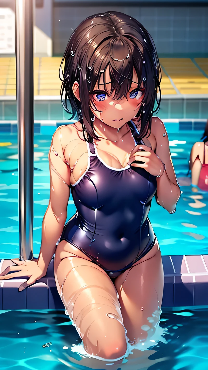 Very detailed CG Unity 8K wallpaper),(masterpiece), (Highest quality), (Very detailed), (Best illustrations),(Best Shadow), Dynamism,,Purple eyes and very short purple hair,Large Breasts Highest quality、High resolution、Swimsuit with detailed instructions、Lots of junior high school girls、Shiny navy blue school swimsuit、 (Three beautiful girls in wet tiny school swimsuits in the school pool:1.5))、Swimsuit from above、look at me with cold eyes、Swimsuit that glows when wet、My whole body is wet、My hair is wet too、Everything is big, No place to set foot, pack, All braless, Increase in female junior high school students, Sweat, shortness of breath, Big middle school girl, haa, Shyness, blush, plump,