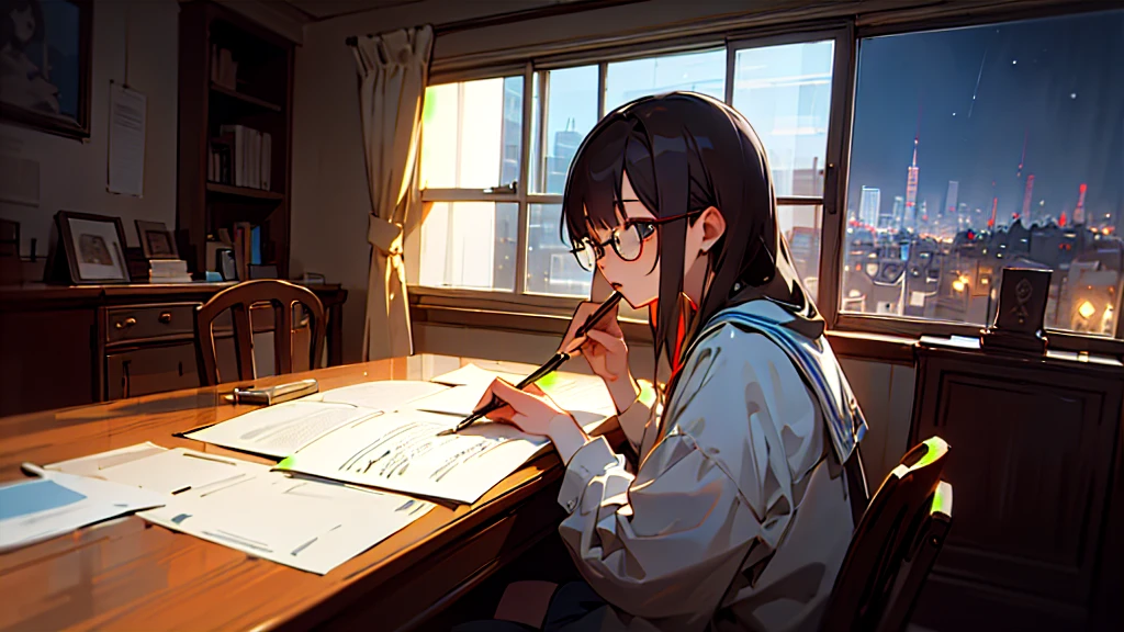 (8K, Masterpiece, Highest quality),A girl studying in her room、Glasses、Writing、Study room with window、night、It's raining a little、Calm atmosphere、profile、extremely detailed