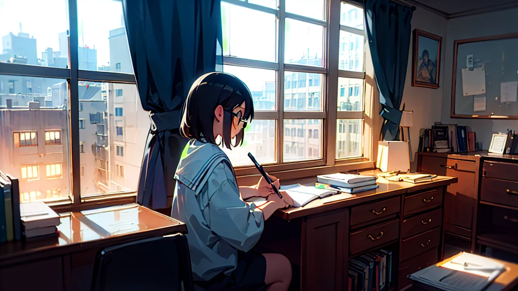 (8K, Masterpiece, Highest quality),A girl studying in her room、Glasses、Writing、Study room with window、night、It's raining a little、Calm atmosphere、profile、extremely detailed