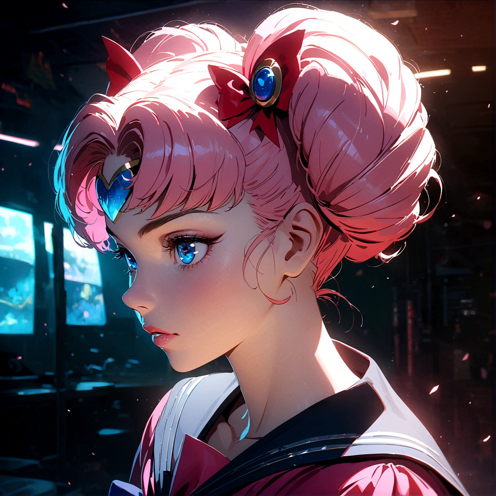 1sologirl sailor moon, bishoujo senshi sailor moon, extremely detailed face, beautiful eyes, long eyelashes, detailed lips, detailed hair, anime style, magical girl, meatball hairstyle, sailor collar, detailed bow, fluorescent lighting, vivid colors, glowing effect, fantasy, soft lighting, digital painting, cinematic (Masterpiece, best quality, 8k, highres, ultra detailed detailed)