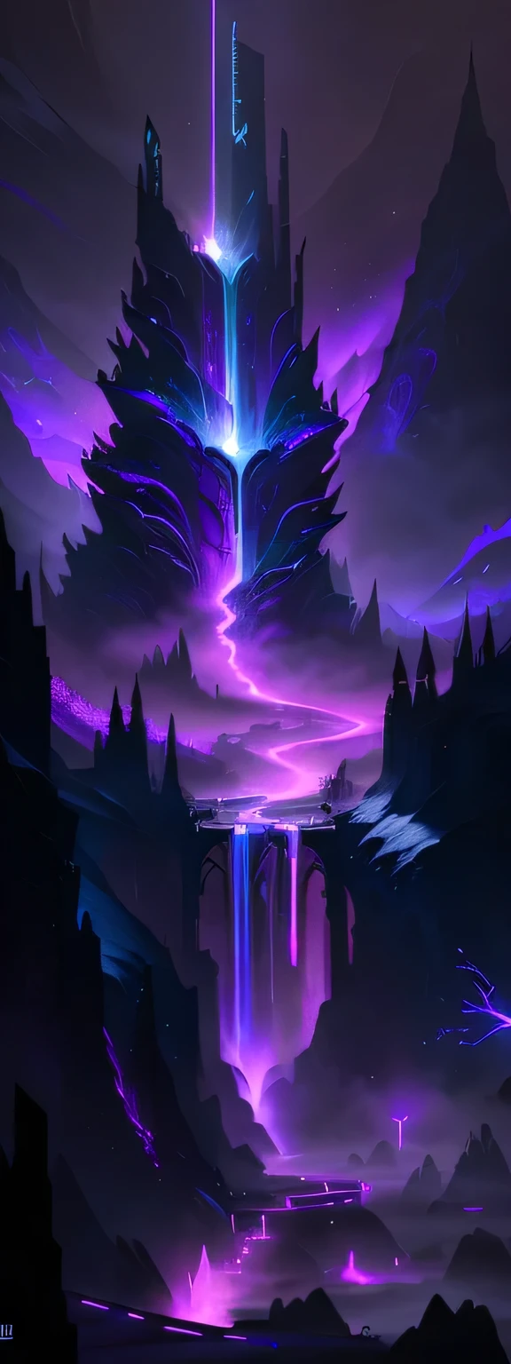 Purple and black waterfall image with purple lighting, Purple flames surrounding the magic arena, Game concept art, League of Legends concept art, Divide, Concept Art Magic Highlights, Matte Mystery Dota Pixar, Mysterious concept art, Odin's Stone Arena Background, League of Legends Arcane, arcane league of legends, Ink Art, Dota 2 concept art