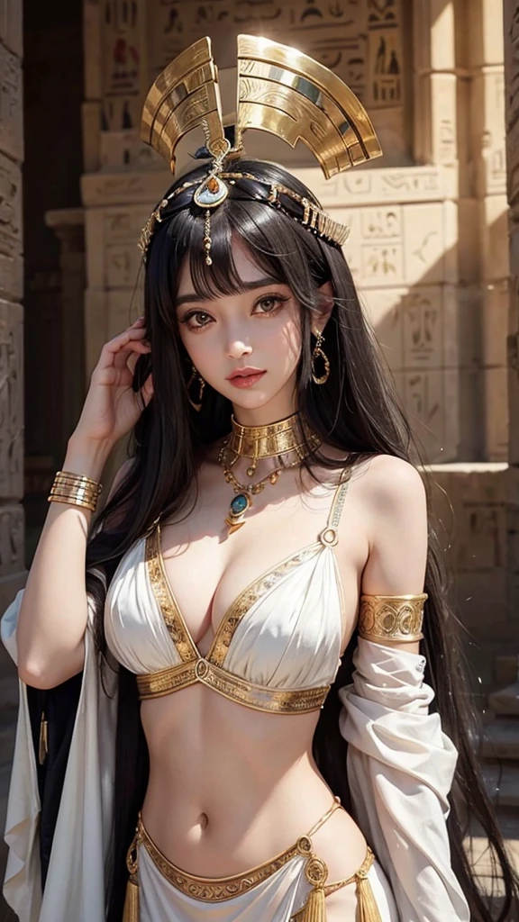 , queen of Egypt, brown eyes, she is beautiful, she has large , Egyptian accessories on her face, white skin, rosy nose, short, black hair, hand on her mouth, she looks , desutores, perfect smile, she has a dark look, sun shining, tattoo with bangs on her face, strands of hair blowing in the wind 