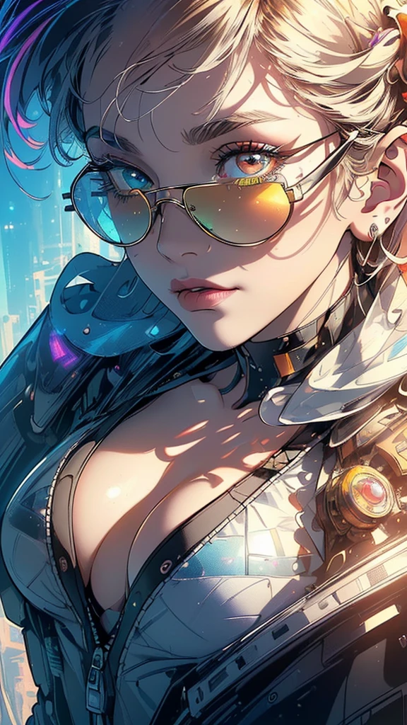 (((masterpiece, highest quality))),(((solo:1.2))),(((1girl:1.2))),32k wallpaper, very detailed,(((((portfolio))))),(((((Close-up))))),(((((bust up))))),((((more various angle)))),(((highlight))),((((heterochromia)))),(((complete. detailed face))),((((Extremely talented)))),((((Wonderfully detailed complicated machine)))),((((genius mechanic)))),((Overall colorfully)),(((futuristic galaxy))),(((perfect clear skinn))),(((Cleavage))),(((sunglasses))),(((reflection neon)))
