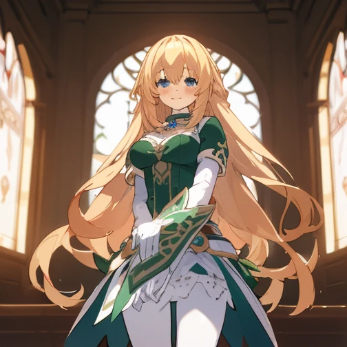 8k, 4k, intricate details, cinematic lighting, stunning environment, ornate, detailed shadows, 1girl, curvy, blonde hair, blue eyes, blush, long hair, looking at viewer, white pantyhose, green and white dress, smile, solo, (vert_/neptune series/:1.1), very long hair, white gloves, white pantyhose,