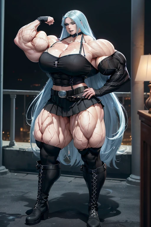 ((((Massive tall, beautiful, buff, sweating, l pale white skinned muscular woman withcyan hair, black lipstick, ginormous bulky muscles and wearing a beautiful black long-sleeved blouse with a beautiful long pleated skirt)))), (close view), massive muscle, massive biceps, hyper muscle shoulders, massive muscle arms, vascular shoulders, hyper muscle triceps, (beachy long hair), (beautiful black long-sleeved blouse with a belt), purple eyes, gloves, choker, (beautiful long black pleated skirt), (thigh high socks), boots, in a school rooftop, confidant smile, night, hyper vascular arm, hyper muscles arms, hyper muscle legs, massive arms