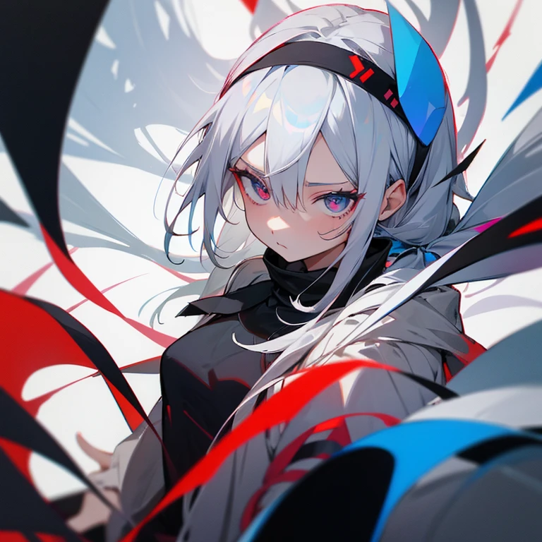woman,There is a black headband.,White-gray hair,2 eyes red blue