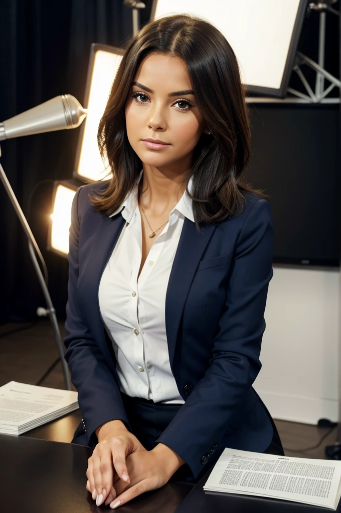 ---
*In the photo, we see a professional news reporter sitting at a news desk in a well-lit studio. She is dressed in a smart blazer and blouse, with her hair neatly styled. The studio background features a large screen displaying the news network's logo and an image related to the current news story. She is looking directly into the camera with a focused and confident expression, holding a stack of papers in one hand. The studio lights are positioned to perfectly highlight her as she reads the news.*
---
This prompt can be used to describe a typical scene of a news reporter in a studio setting.