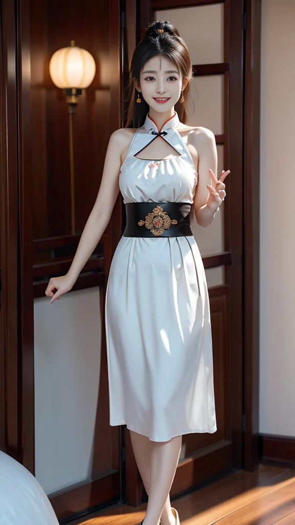 Elegant and intellectual classical Chinese women, Wear a belly belt, Standing at the door，With a smile on your face, Her skin is brighter than snow, Her eyes are like a pool of clear water. Light book scent.