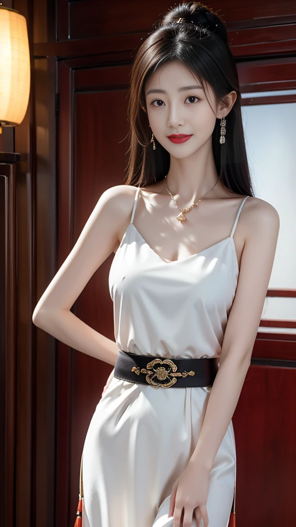 Elegant and intellectual classical Chinese women, Wear a belly belt, Standing at the door，With a smile on your face, Her skin is brighter than snow, Her eyes are like a pool of clear water. Light book scent.