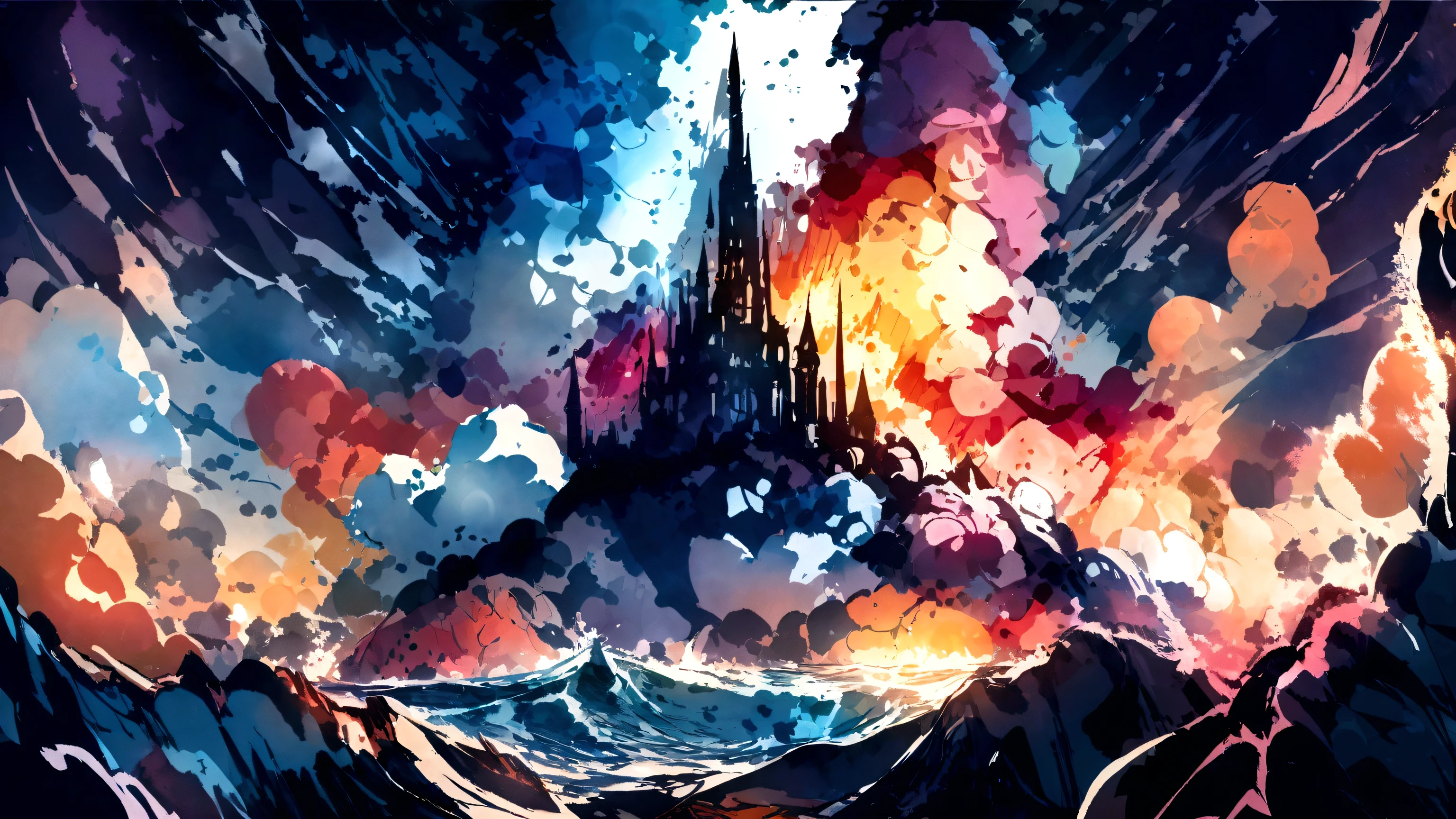 32k, Masterpiece, Highest quality, One girl, Detailed eyes, flower,Alstroemeria, White and orange style,A dreamy, romantic piece,Pale purple, Mysterious Leaves,A playful arrangement,Fantasy,High Contrast,Ink strokes,explosion,Exposure, Impression of white and orange tones,Abstract,((Watercolours by John Berkey and Jeremy Mann )) Brush strokes,Negative Space, Tyndall effect,