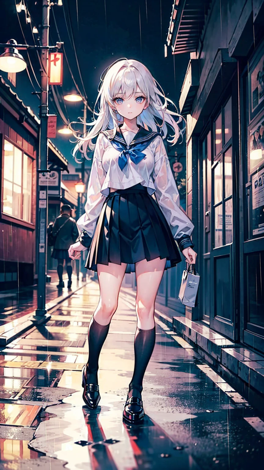 (Masterpiece), (Best Quality), (Super Detail), (disheveled Hair), (Illustration), (One Girl), Standing, Beholder, (Interview), (Simple Background), Finely Beautiful Eyes, Delicate Beautiful Face, Floating, (High Saturation), (Shine), Best Lighting, Best Shadows , Focus on Face,((full body in photo)), ((korean school skirt)) ,((black Over Knee Socks)),black high heels,korean school top,walking street, rain ,