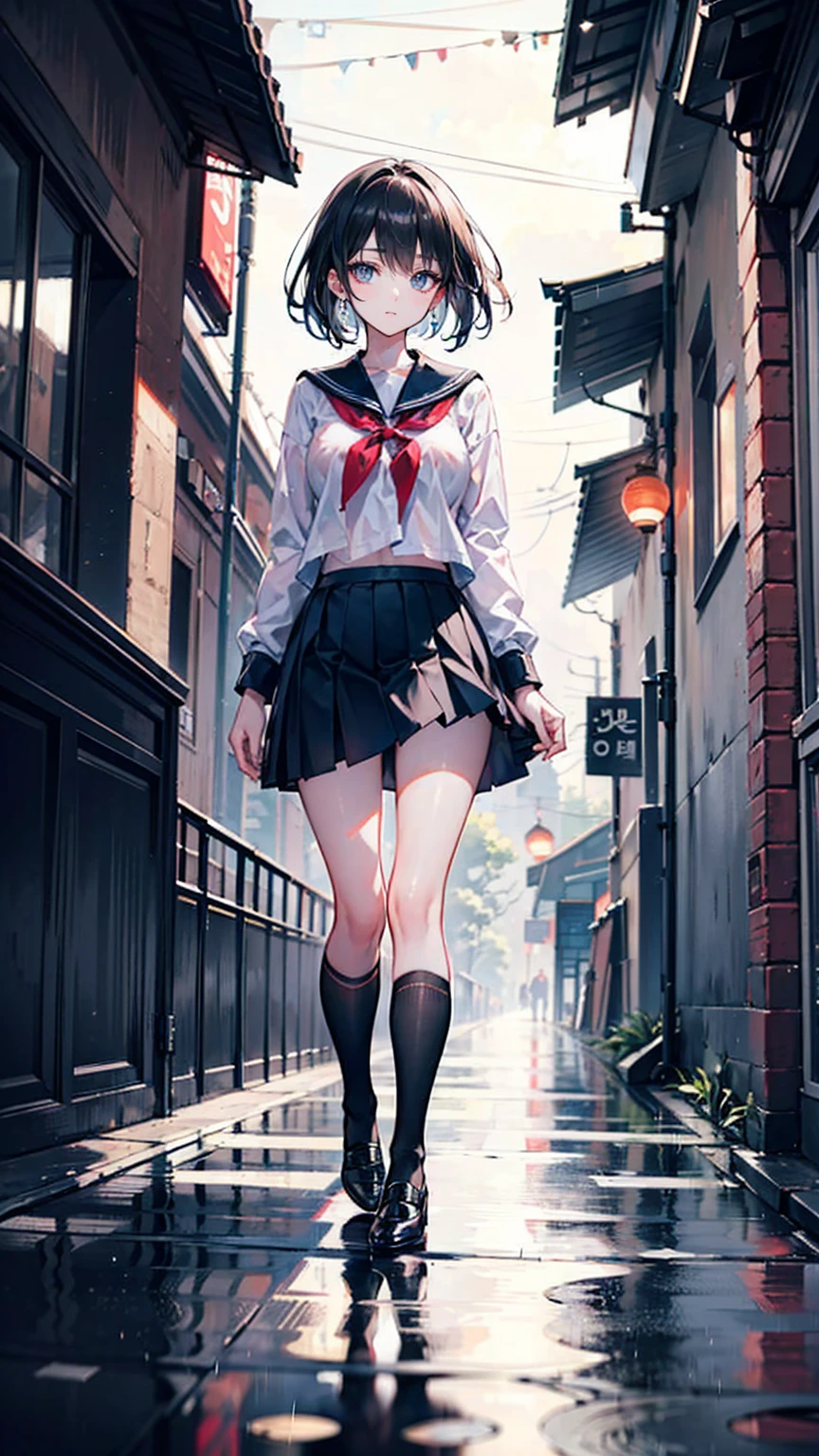 (Masterpiece), (Best Quality), (Super Detail), (disheveled Hair), (Illustration), (One Girl), Standing, Beholder, (Interview), (Simple Background), Finely Beautiful Eyes, Delicate Beautiful Face, Floating, (High Saturation), (Shine), Best Lighting, Best Shadows , Focus on Face,((full body in photo)), ((korean school skirt)) ,((black Over Knee Socks)),black high heels,korean school top,walking street, rain ,