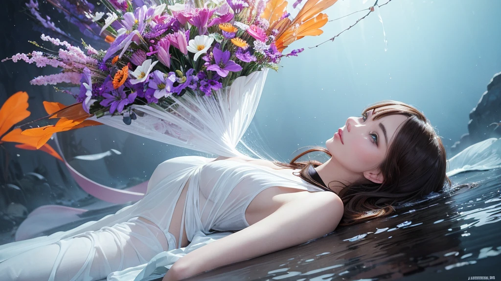 32k, Masterpiece, Highest quality, One girl, Detailed eyes, flower,Alstroemeria, White and orange style,A dreamy, romantic piece,Pale purple, Mysterious Leaves,A playful arrangement,Fantasy,High Contrast,Ink strokes,explosion,Exposure, Impression of white and orange tones,Abstract,((Watercolours by John Berkey and Jeremy Mann )) Brush strokes,Negative Space, Tyndall effect,