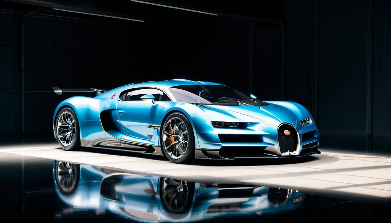 Futuristic sports car, minimalist garage, sleek design, metallic paint, studio lighting, by WETA Workshop and Vehicle Design, artstation, hyperrealistic, (shadows:1.5) for depth, (reflections:1.5) on the car body, Like Bugatti 