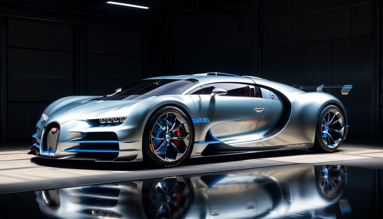 Futuristic sports car, minimalist garage, sleek design, metallic paint, studio lighting, by WETA Workshop and Vehicle Design, artstation, hyperrealistic, (shadows:1.5) for depth, (reflections:1.5) on the car body, Like Bugatti