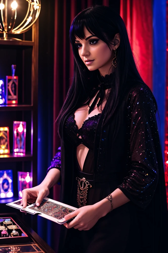 Very beautiful emo woman handling tarot cards behind there are disco lights