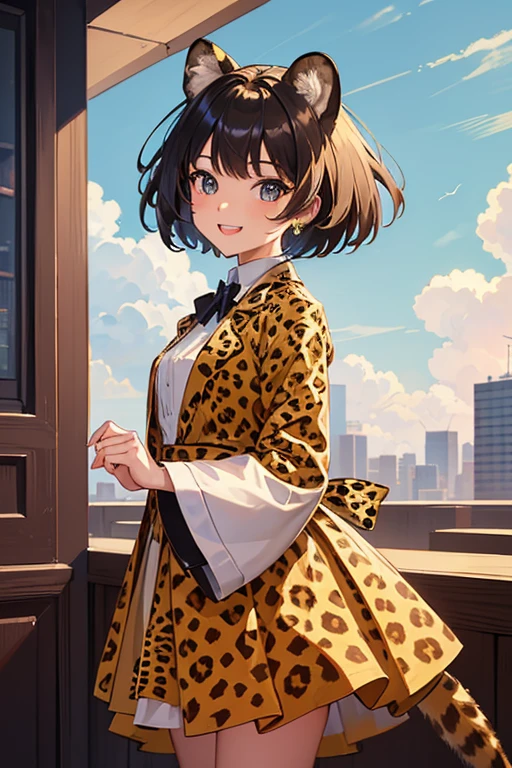 masterpiece, Highest quality, Very detailed, unity 8k wallpaper, ((A girl with a short haircut dressed as a cheetah))、Cheetah Suit、Cheetah ears、Cheetah tail、Smiling face、Double teeth、Urban high rise building、Bird&#39;s-eye view、Person looking up、(Moody Background, dark, Street Corner, at night), ((realism：1.5)), Venus, (True to reality：1.2), Highest quality,masterpiece：1.2, High detail, Realistic skin, (Full body shot：1.1), Rendering with Octane, Very detailedCG,