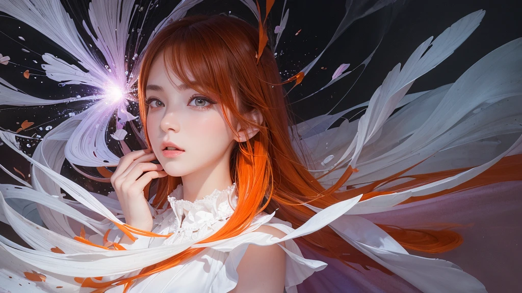 32k, Masterpiece, Highest quality, One girl, Detailed eyes, flower,Alstroemeria, White and orange style,A dreamy, romantic piece,Pale purple, Mysterious Leaves,A playful arrangement,Fantasy,High Contrast,Ink strokes,explosion,Exposure, Impression of white and orange tones,Abstract,((Watercolours by John Berkey and Jeremy Mann )) Brush strokes,Negative Space, Tyndall effect,