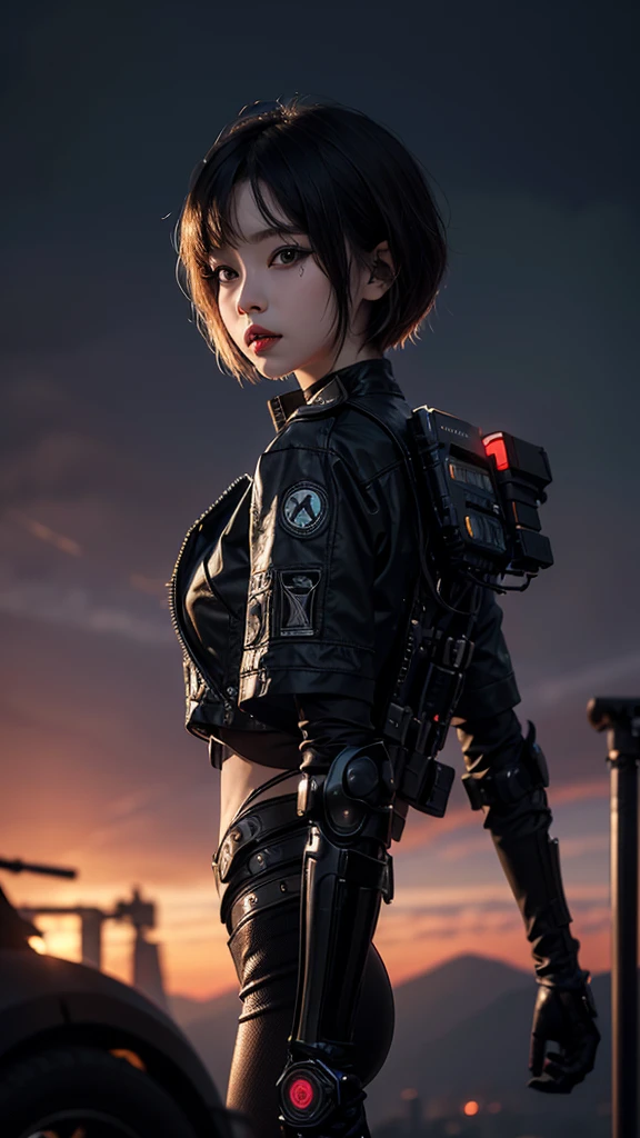 8K,beautiful,cyber punk,cyber punkな街並み,Charming girl at 18 years old,Baby Face,Bobcut,Long Shot,whole body,Composition from afar