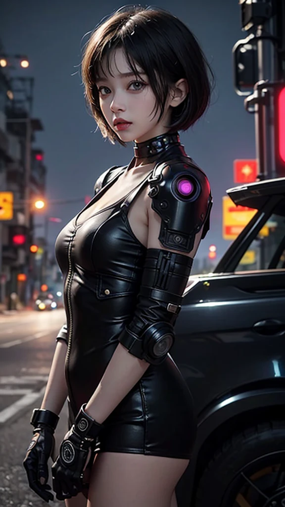 Calidad superior, Obra maestra, Ultra High resolution, ((fotorrealista: 1.4), raw Photo, 1 chica cyberpunk, piel brillante, 1 mechanical girl, (Ultra realistic Details)), mechanical limbs, Tubes connected to mechanical parts, Mechanical vertebrae attached to the spine, mechanical cervical attachment to the neck, alambres y cables que se conectan a la cabeza, Evangelion, Ghost in the shell, small bright LED lamps, global ilumination, Sombras profundas, Octane rendering, 8k, ultra sharp, Metal, Intrincados detalles ornamentales, Detalles barrocos, Detalles muy intrincados, Luz realista, CGSoation tendencia, in front of camera, neon details, (Android factory in the background), ((arte por H.r. Giger y Alphonse Mucha.))