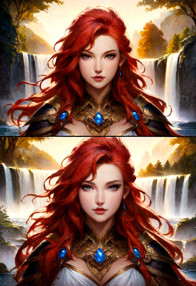 woman with long red hair and jewelry, standing in front of a waterfall, maiden with copper hair, redhead goddess, beautiful drawing of the characters, alloy, fantasy concept art portrait, Beautiful girl, fantasy portrait art, epic fantasy style portrait, fantasy style portrait, Beautiful warrior woman, inspired by Magali Villeneuve, stunning portrait of a goddess