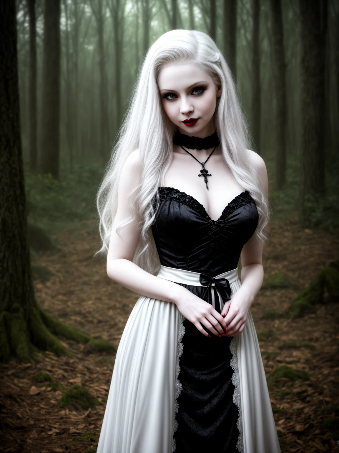 female sexy vampire|albino, pale porcelain skin, sexy vintage black dress, smile, shallow depth of field, grin|creepy, nightfall, detailed face, night, wide hips, narrow waist, portrait of woman standing, detailed eyes, portrait of woman standing, 8k RAW photo, highest quality, looking at the viewer, best shadow, intricate details, long hair, bright eyes, forest, grave, gothic, goth detailed, highres, high qualilty, high saturation